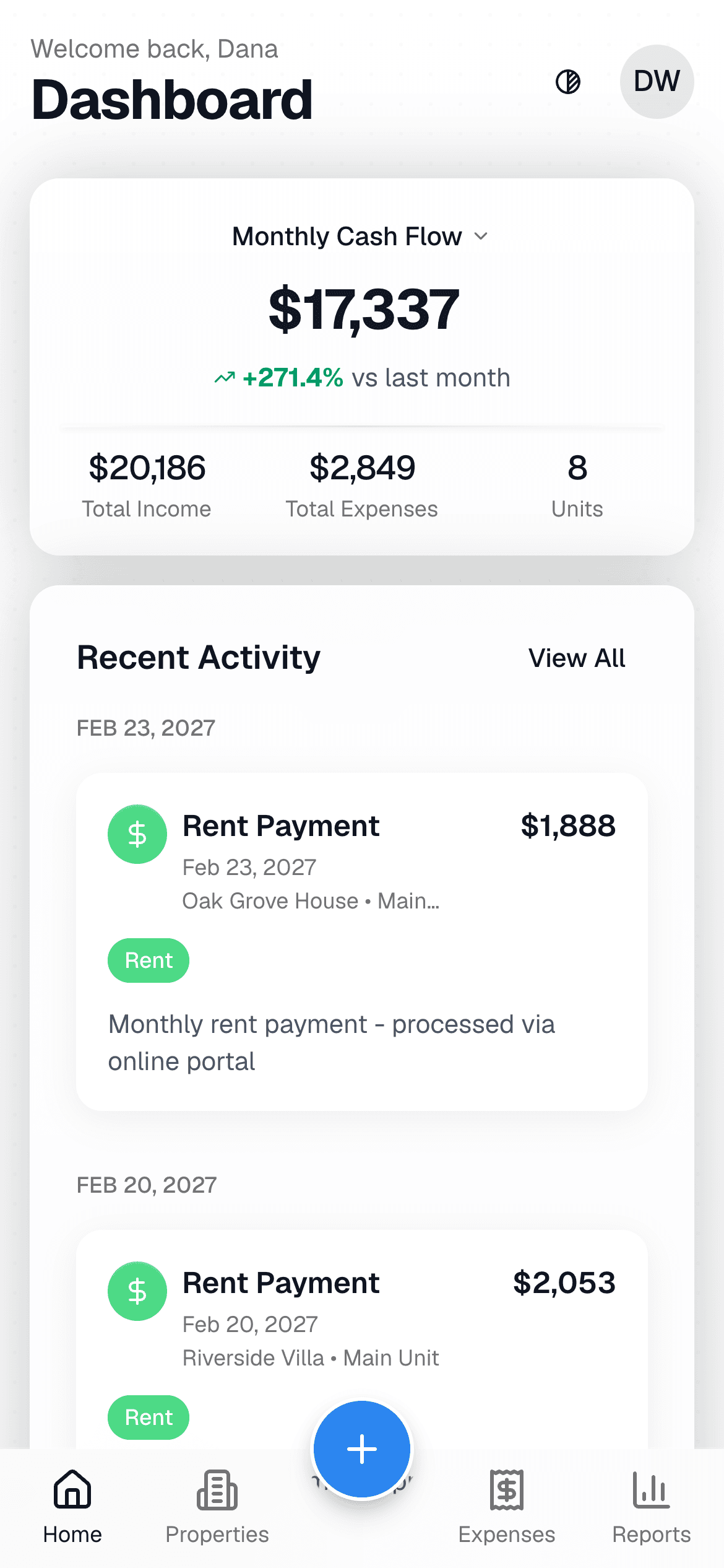 Rentlab on a phone: monthly cash flow and recent rent payments