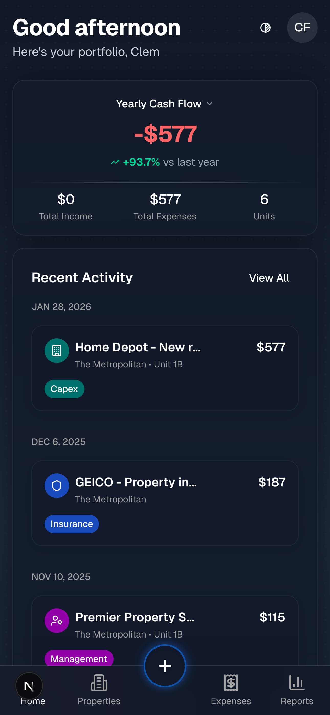 Rentlab mobile app showing cash flow and recent activity