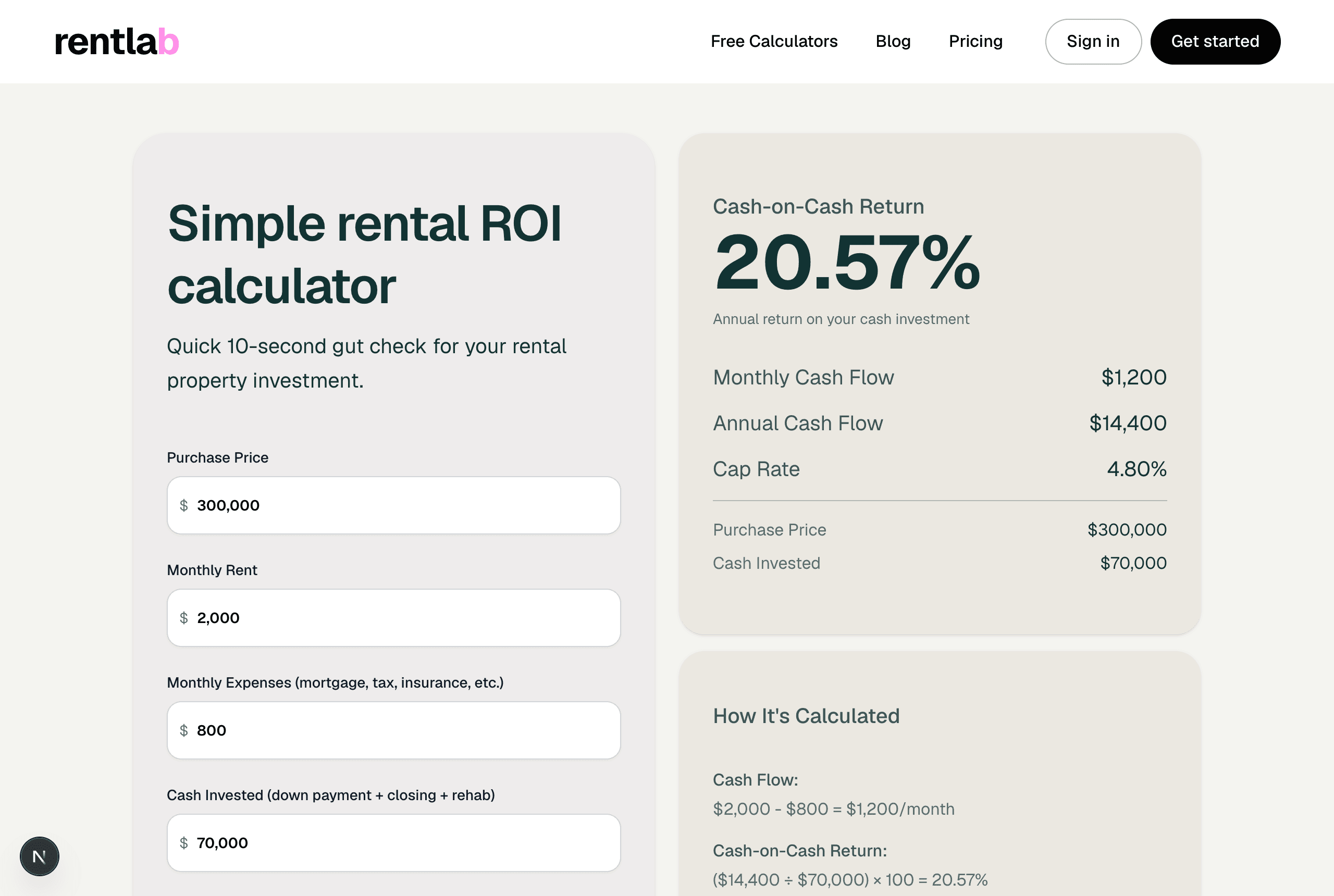 Rentlab's simple rental ROI calculator showing cash-on-cash return, monthly cash flow, and cap rate from four inputs