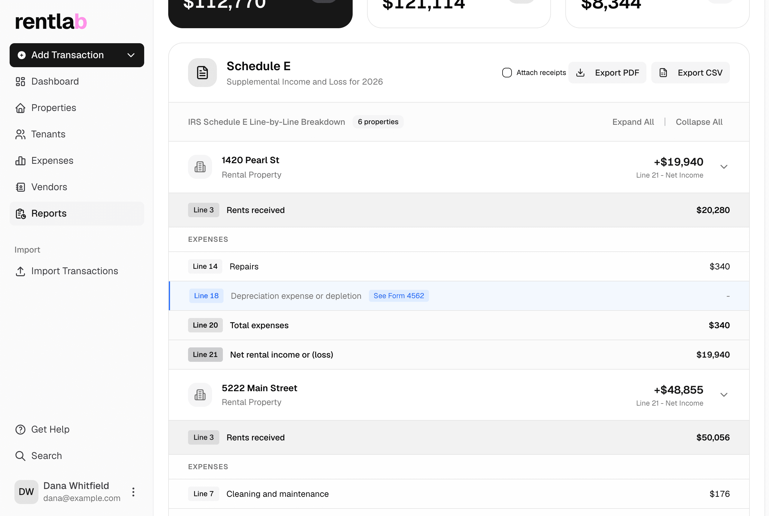 Rentlab's Schedule E report with every property broken out line by line, an Attach receipts option, and PDF and CSV export